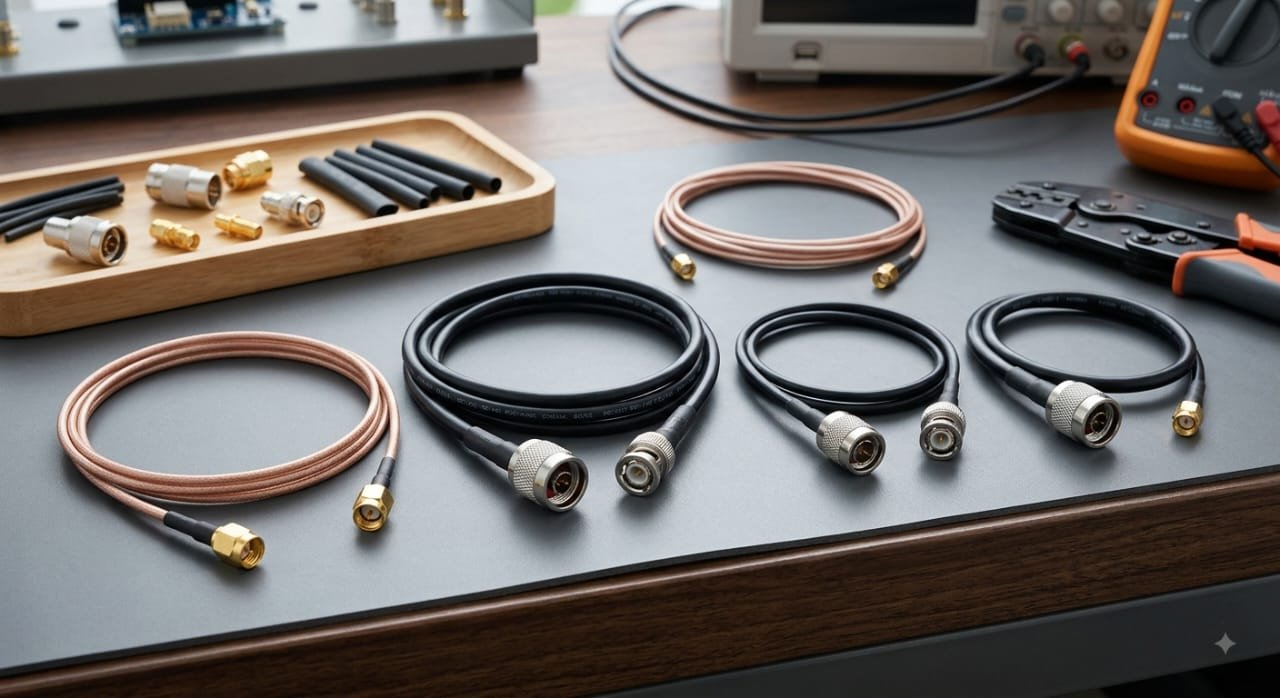 Bench of RF cable assemblies with test equipment